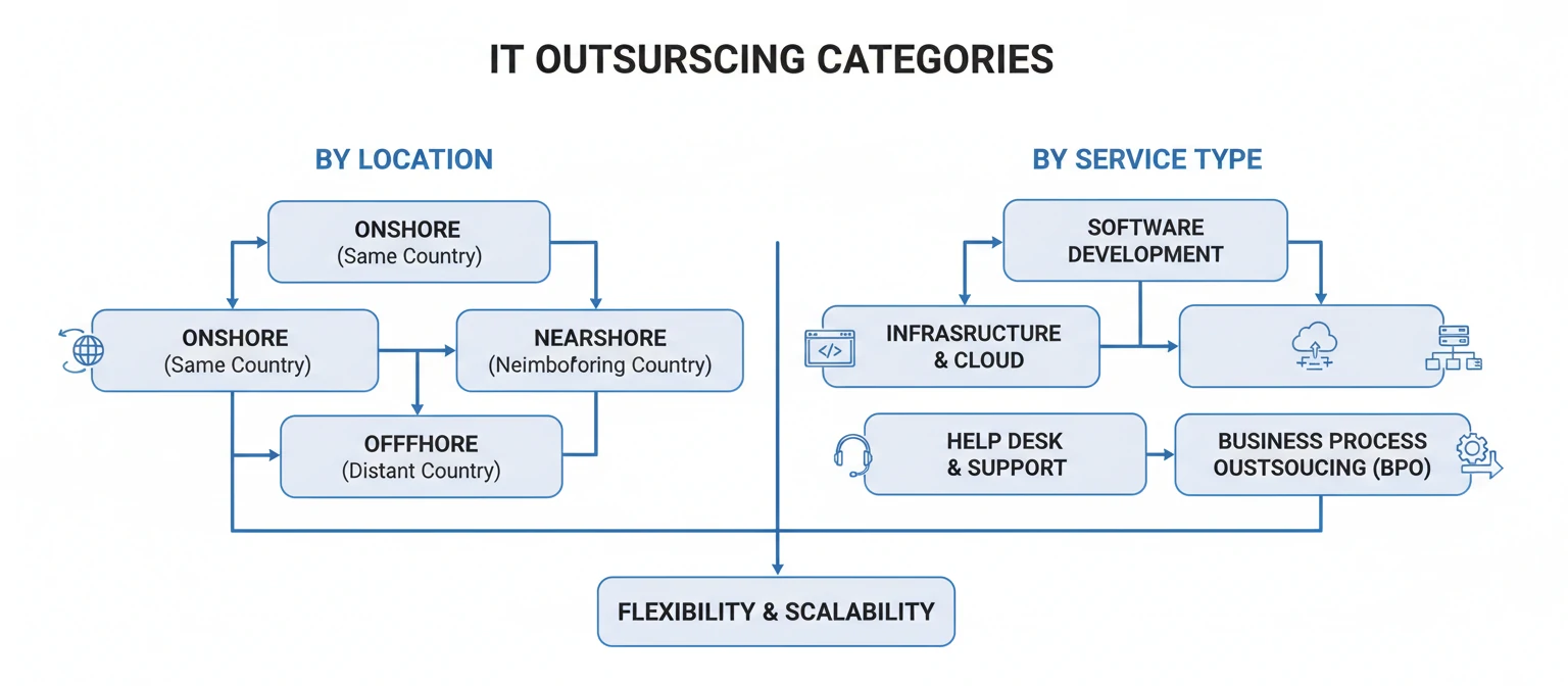 Diagram categorizing different types of IT outsourcing