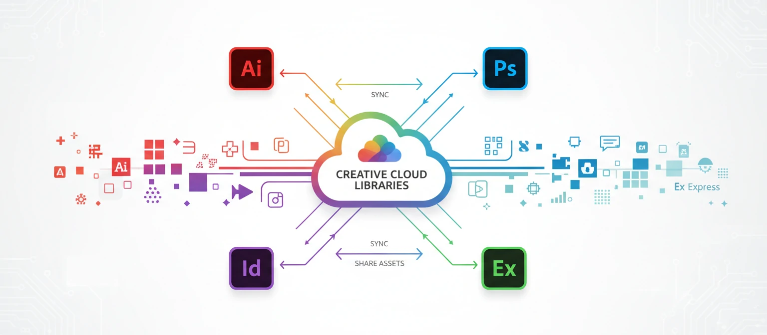 Diagram showing Creative Cloud Libraries syncing assets between Illustrator, Photoshop, InDesign, and Express