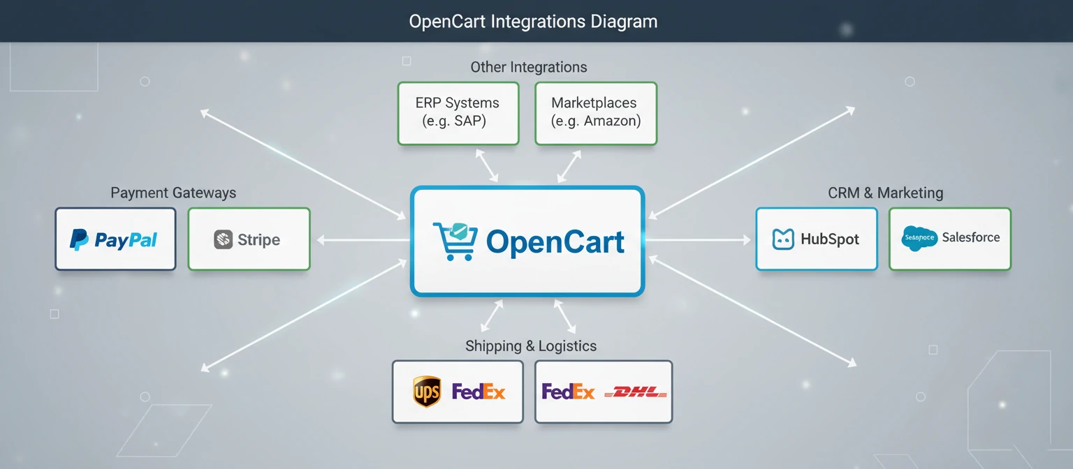 Diagram showing various integrations possible with OpenCart including payment gateways