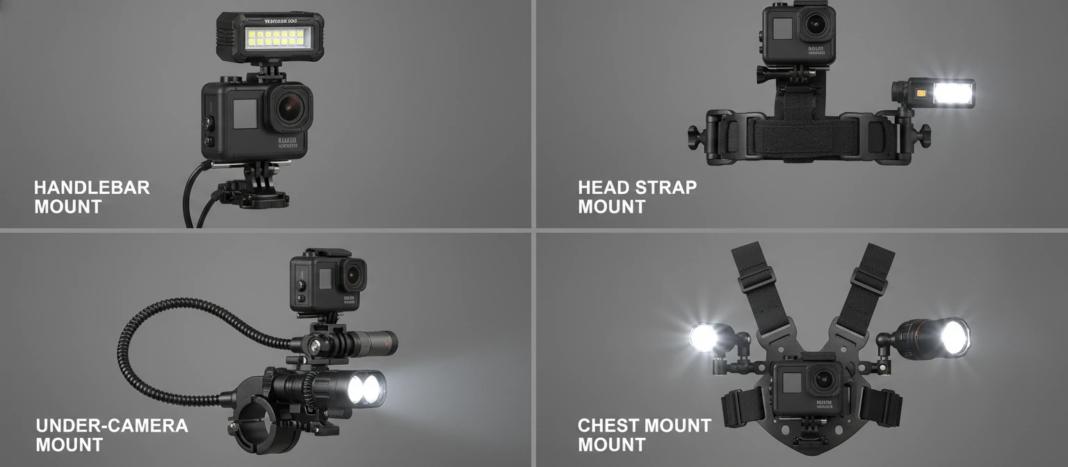 Different mounting options for action camera flashlights