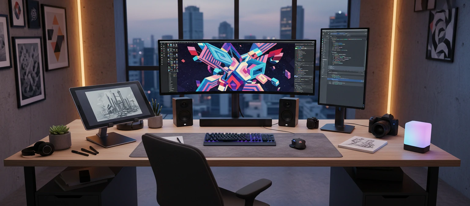 Digital graphic design workspace with computer and creative tools