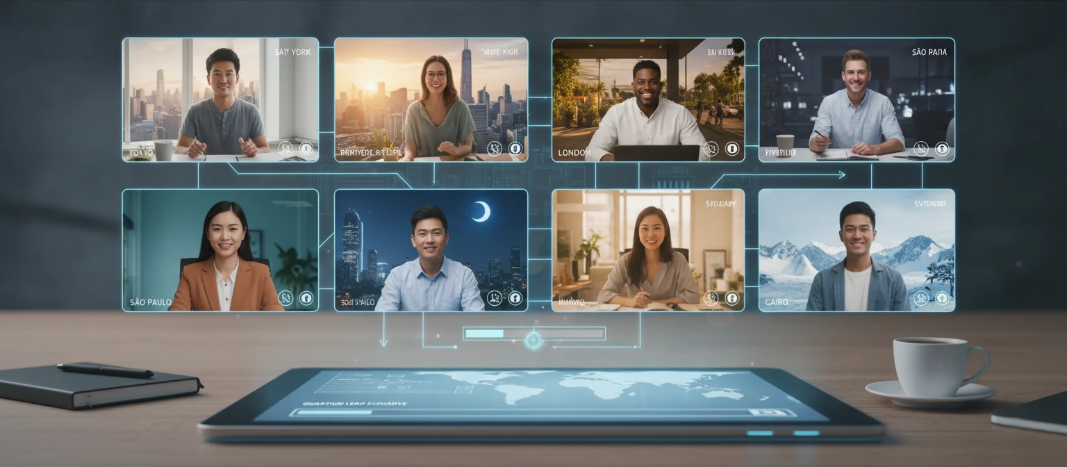 Diverse team collaborating virtually across time zones