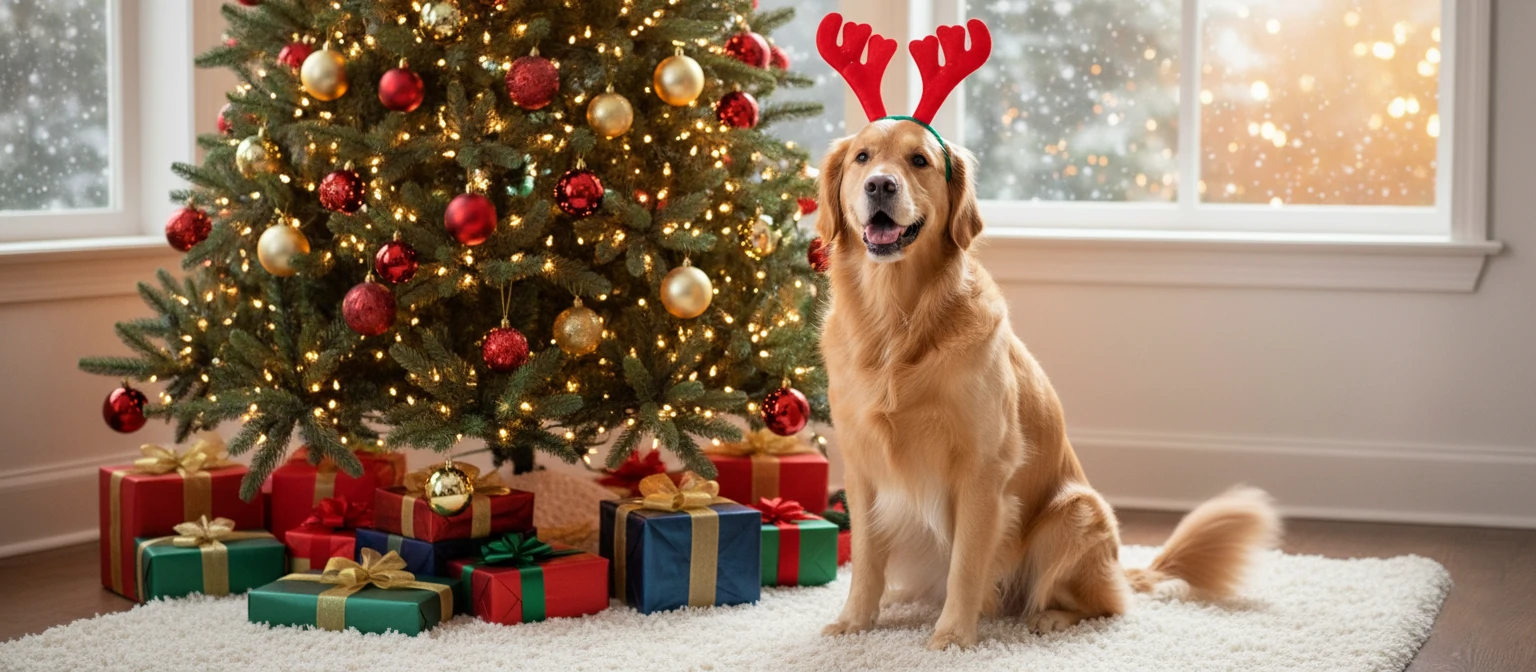Dog with reindeer antlers, sitting by Christmas tree, wagging tail