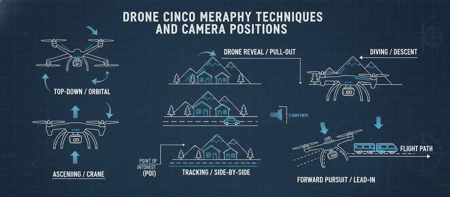 Drone cinematography techniques and camera positions