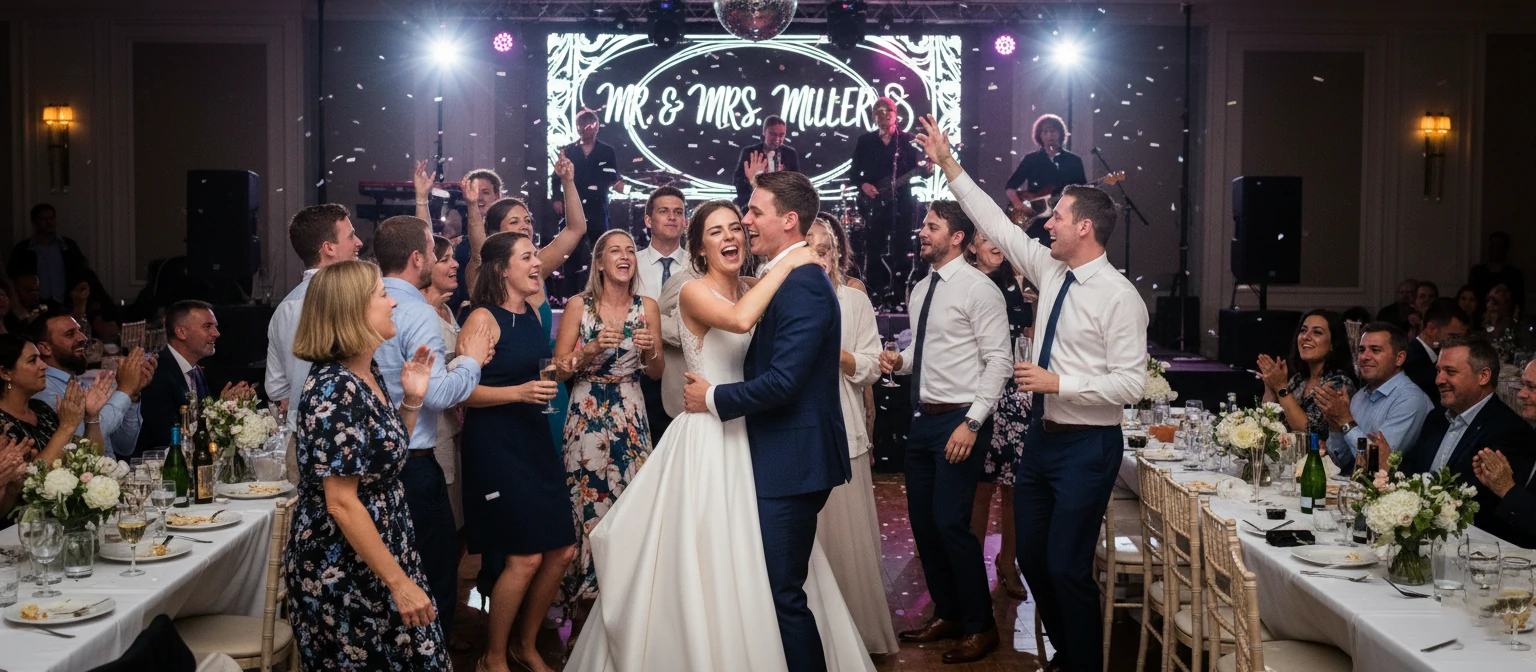 Dynamic shots of a wedding reception with guests dancing and laughing
