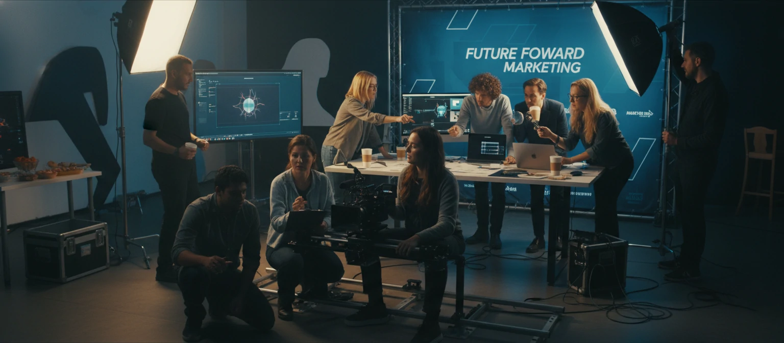 Dynamic video production scene with team collaborating on marketing video creation