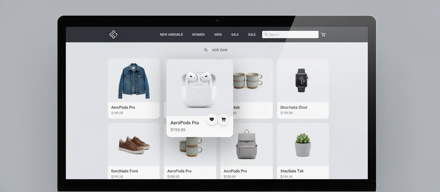 E-commerce product cards with hover zoom and quick action buttons