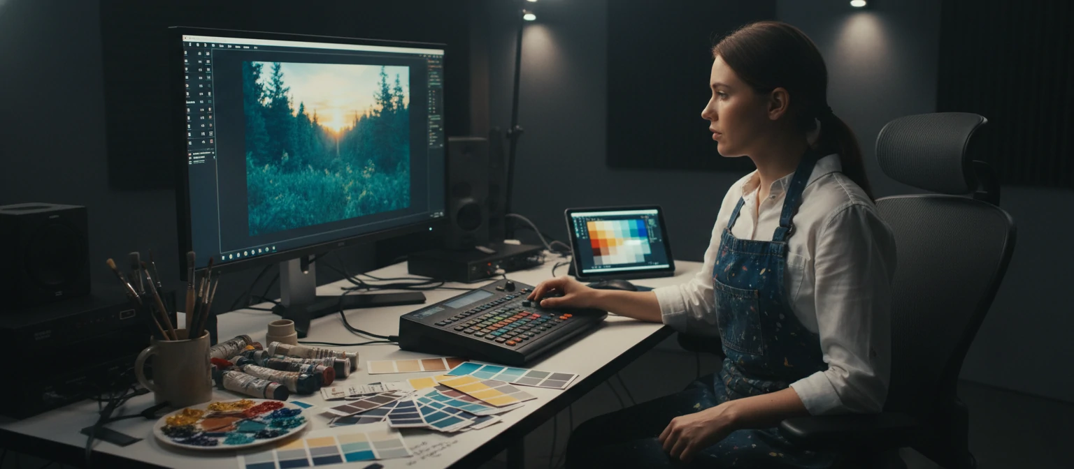 Elena adjusting color wheels on a professional grading monitor with paintbrushes and color swatches nearby
