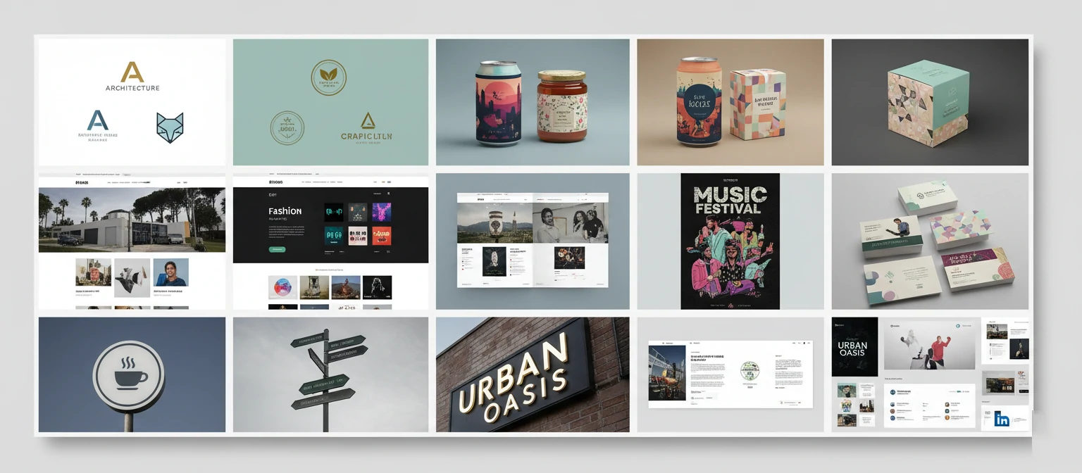 Examples of different graphic design services including branding, print, digital, and packaging design