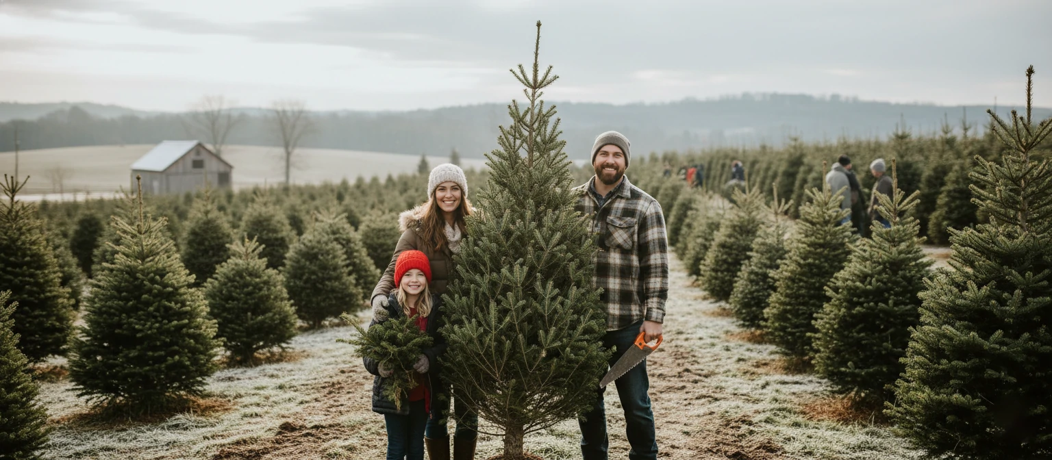 Family at tree farm, holding chosen tree, saw in hand, rows of trees in background