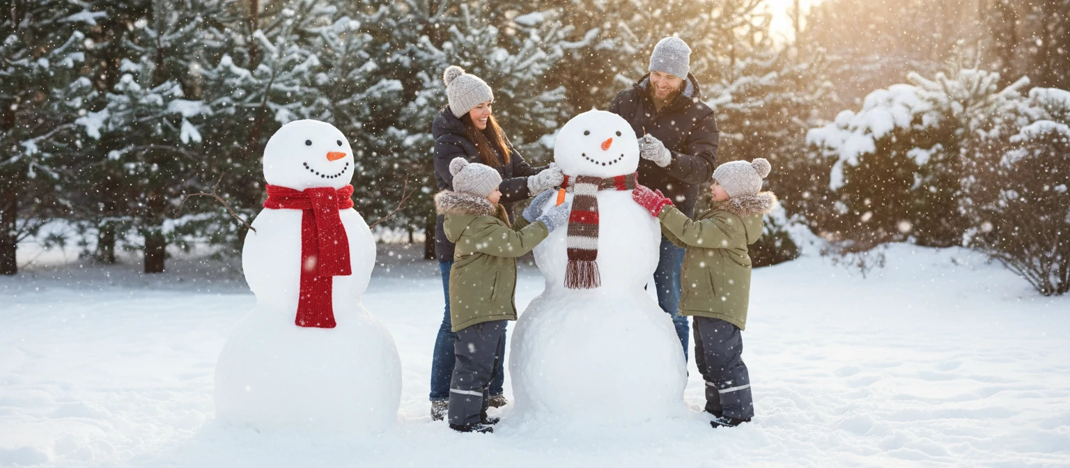 Family building a snowman, with finished one beside them