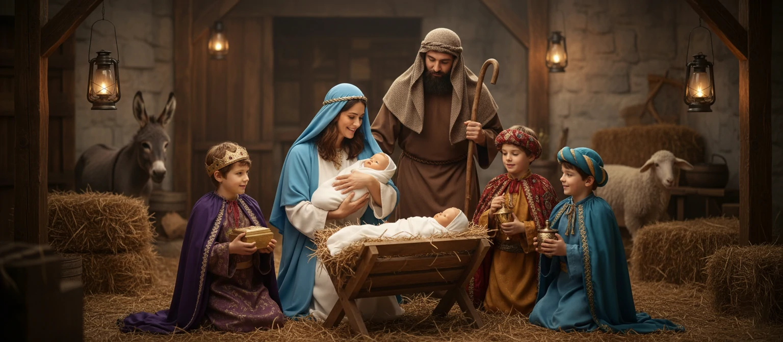 Family dressed as Mary, Joseph, wise men, gathered around a manger with a baby doll
