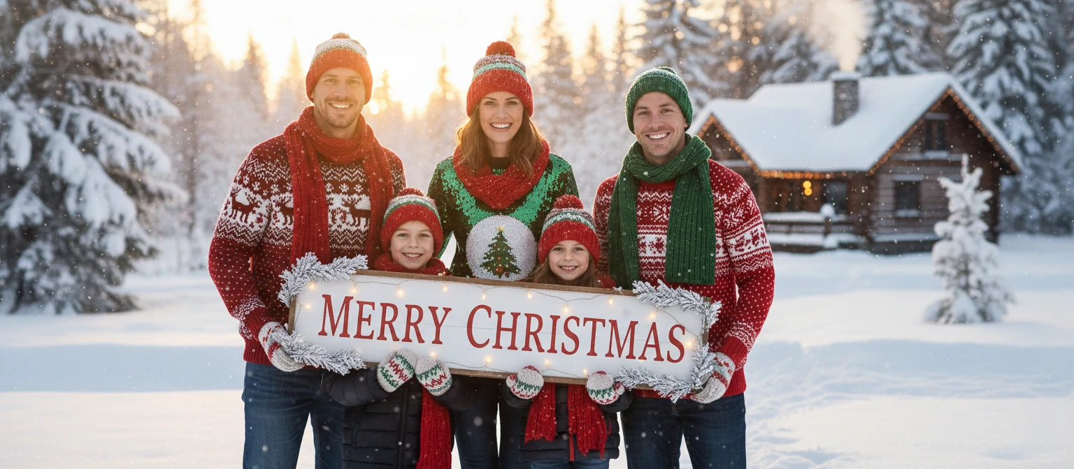 Family in holiday attire, smiling at camera, holding a sign saying