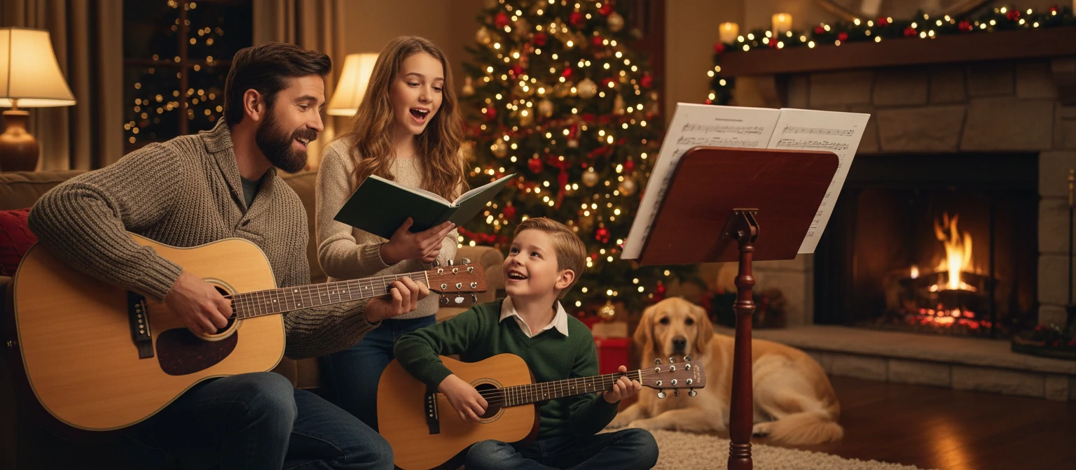 Family playing guitar and singing carols, sheet music on stand, warm room lighting