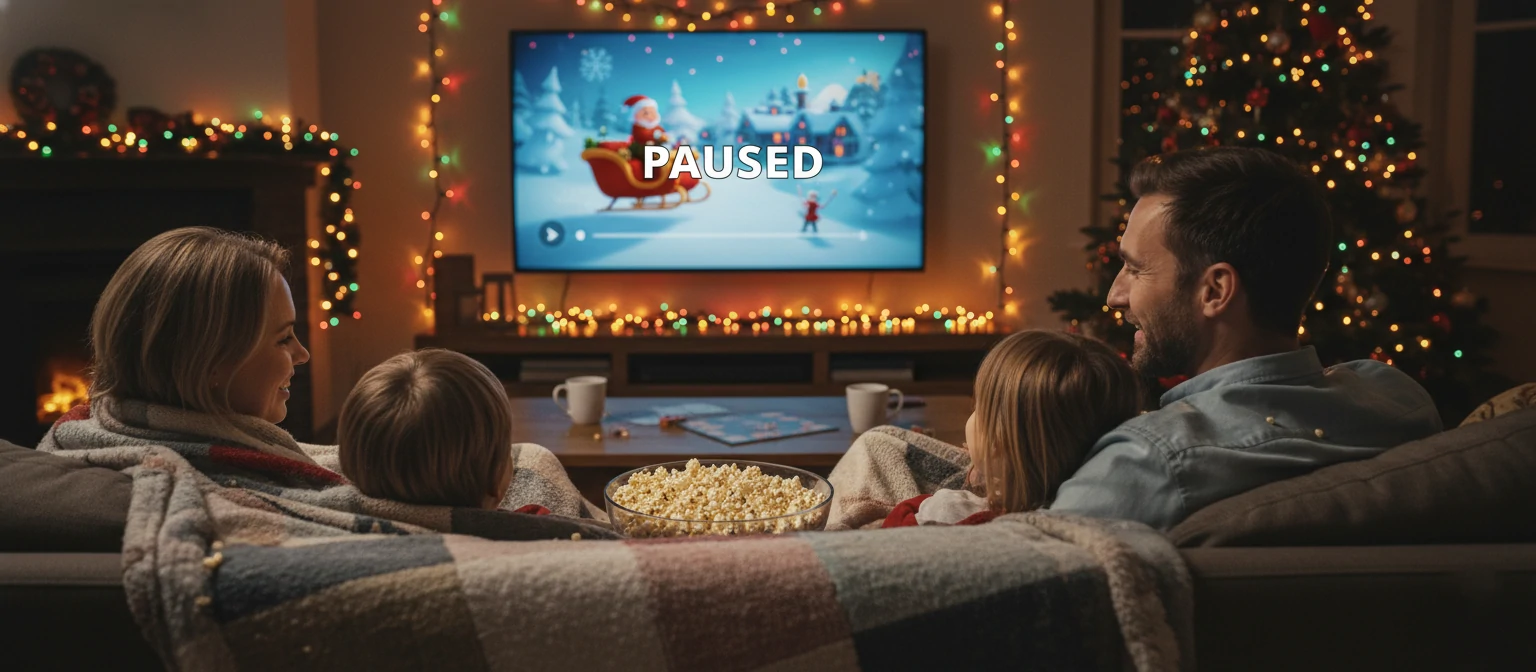 Family snuggled under blankets on a couch, popcorn bowl in lap, Christmas lights around the TV