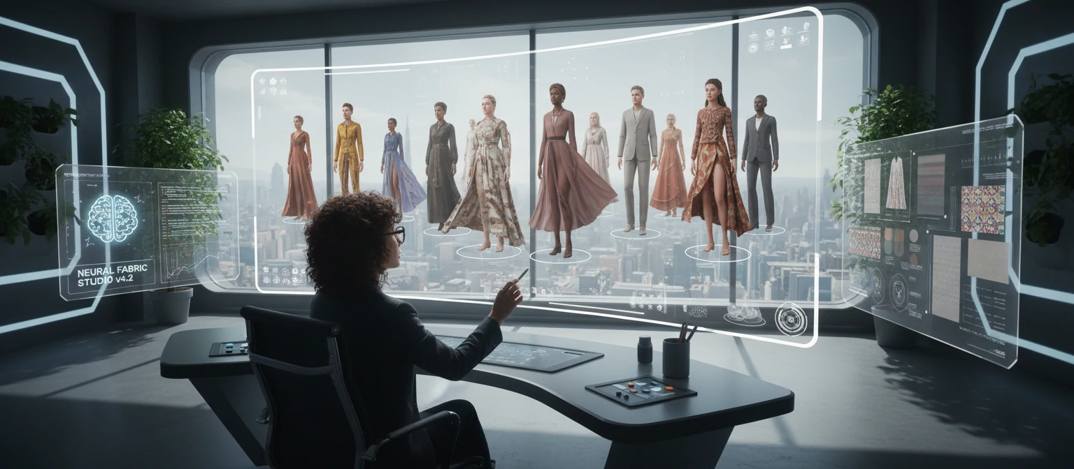 Fashion designer using AI to visualize clothing on diverse models in a digital workspace