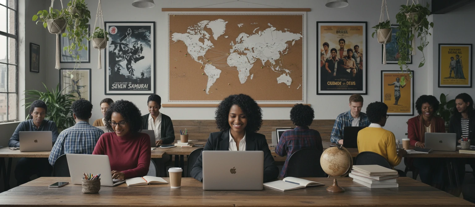 Fatima in a diverse workspace with world maps and international film posters on the wall