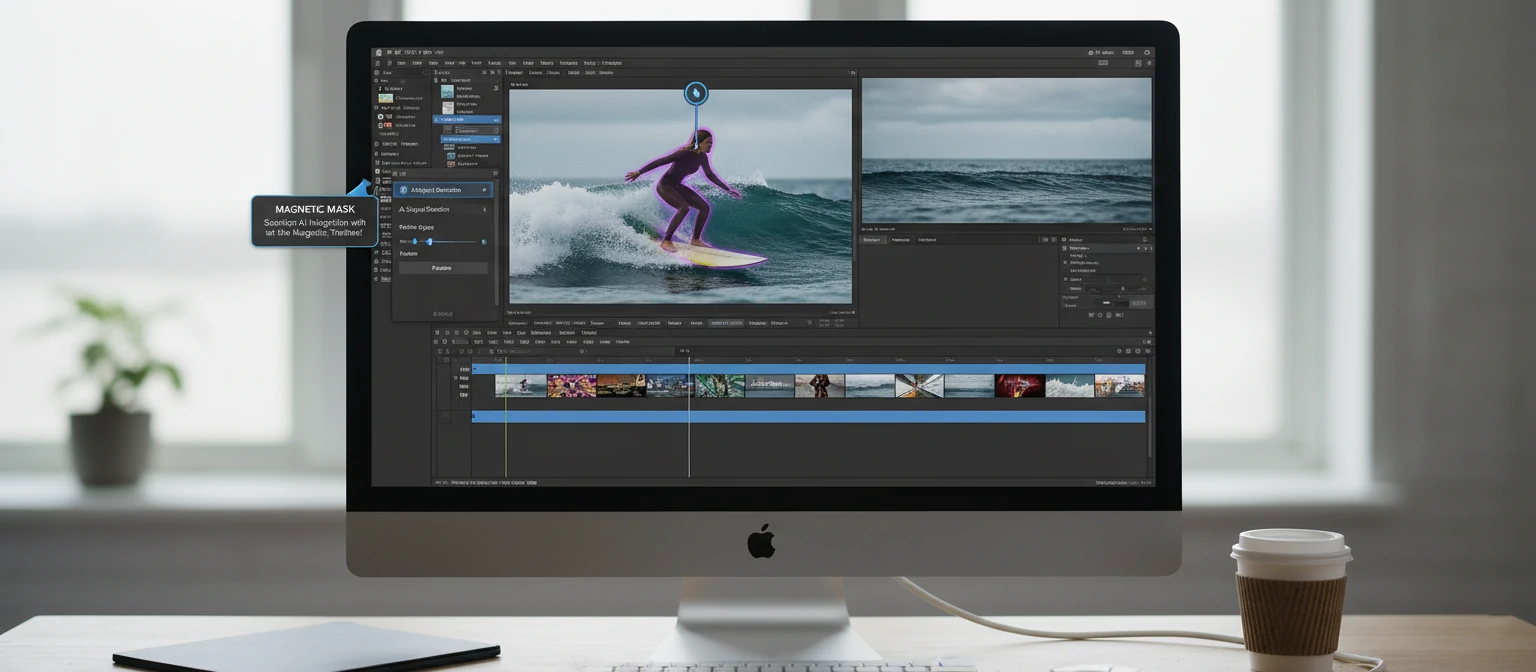 Final Cut Pro interface showing the Magnetic Mask feature isolating a subject with AI