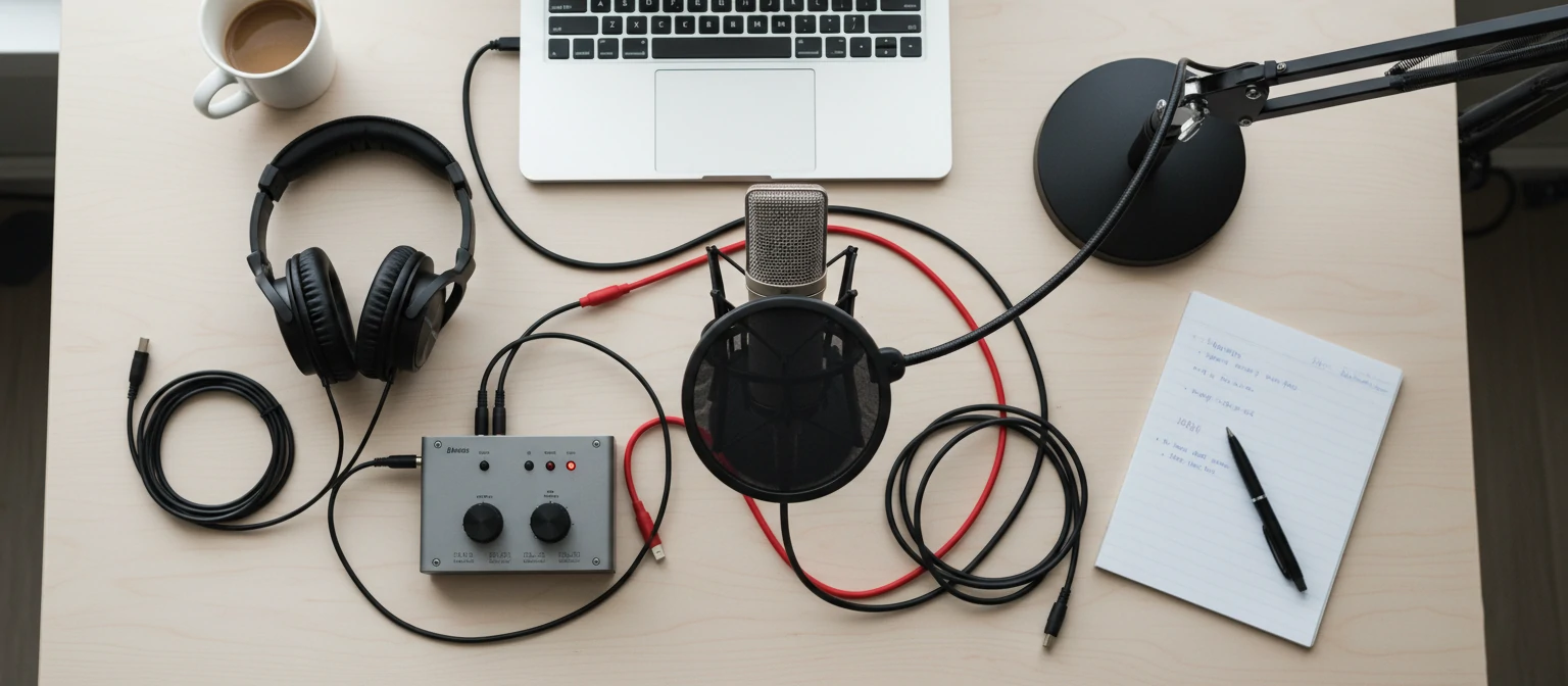 Flat lay photograph of podcast recording equipment