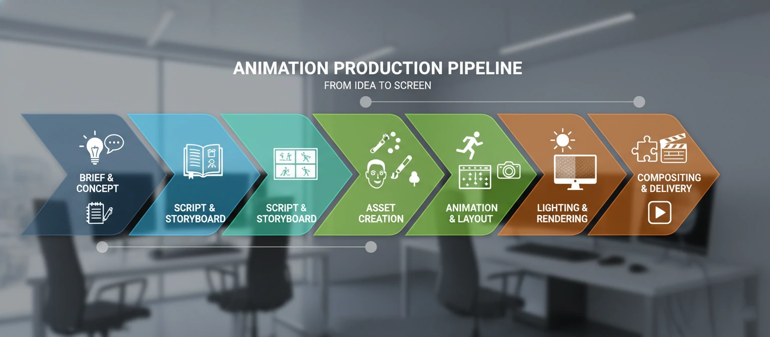 Flowchart infographic showing the animation production pipeline