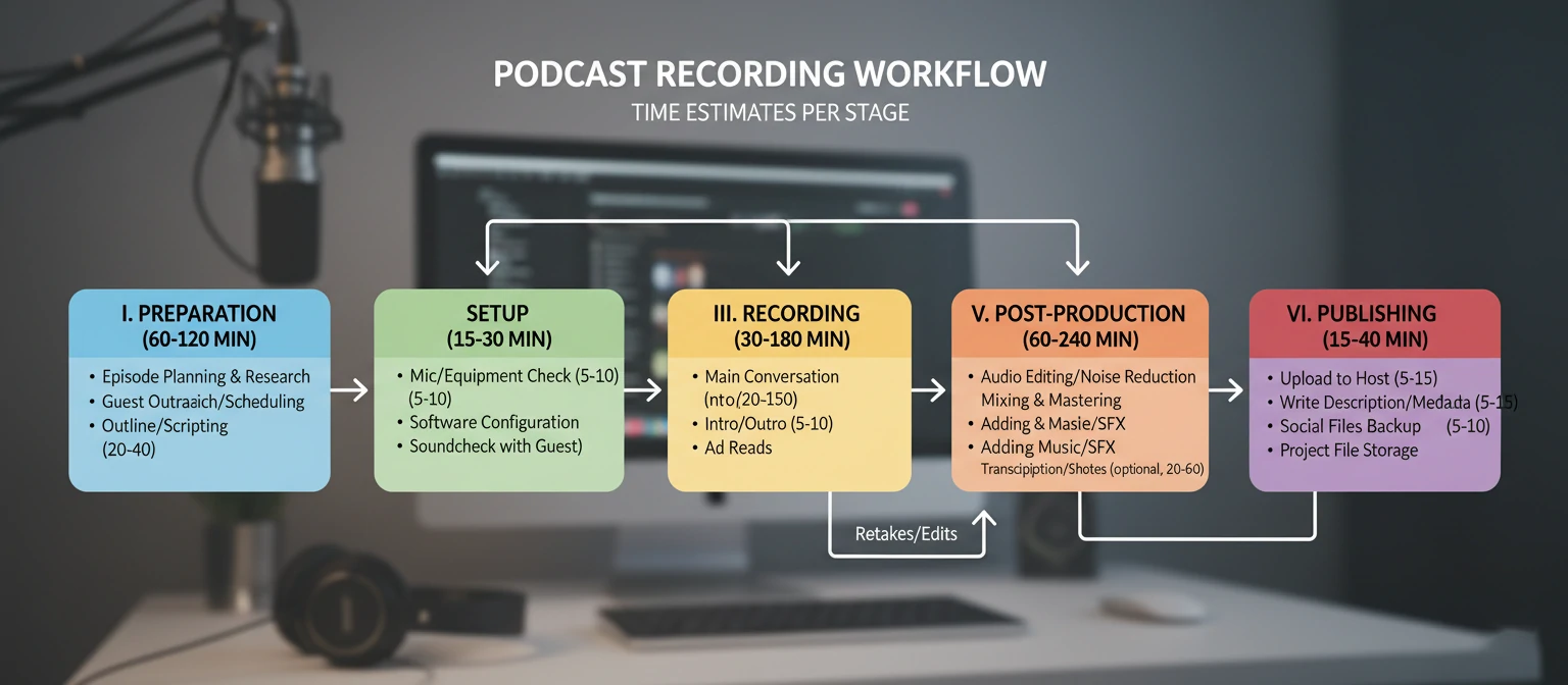 Flowchart showing the podcast recording workflow from preparation through backup, with time estimates for each stage