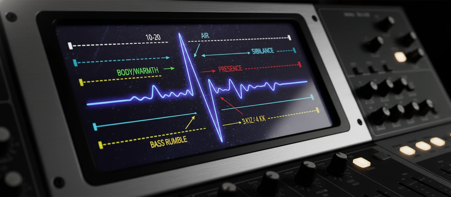 Frequency spectrum analyzer showing a voice recording with annotations pointing to different frequency ranges
