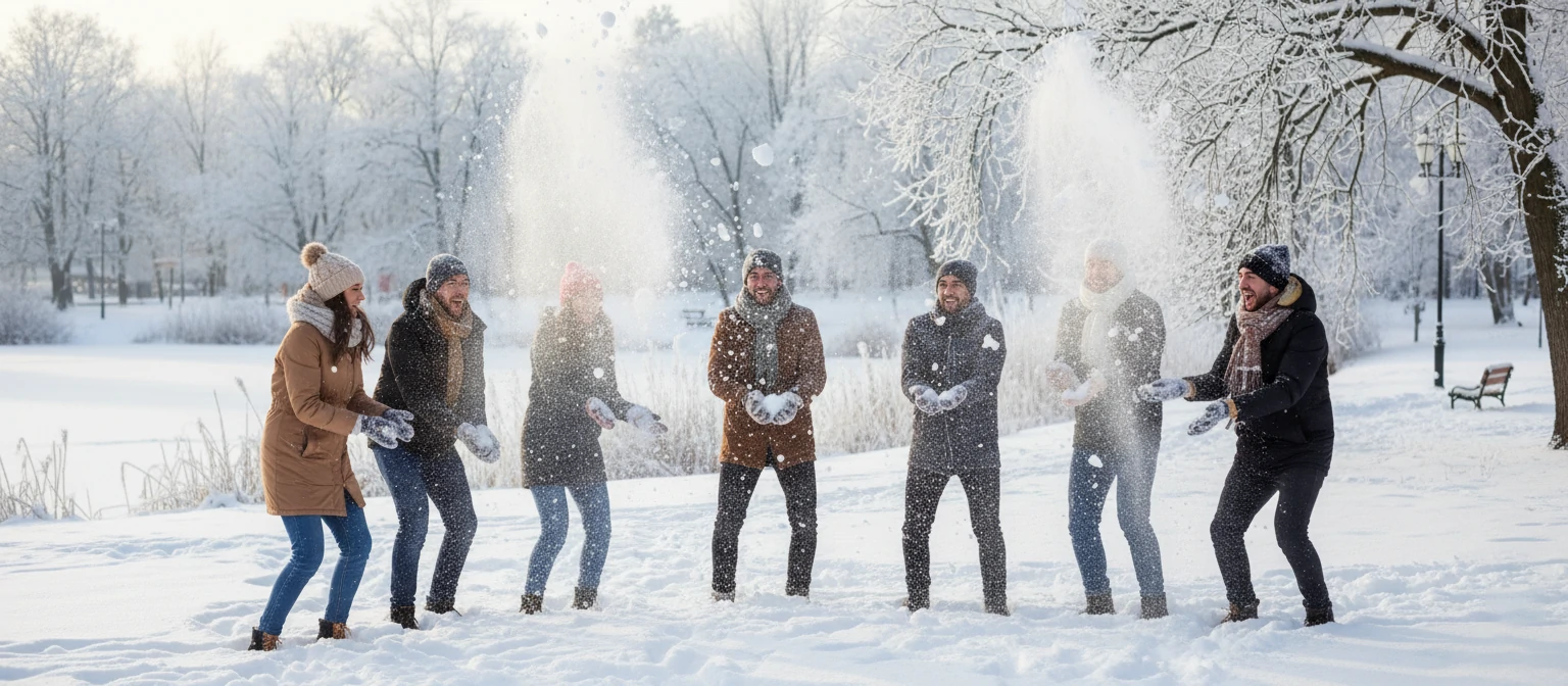 Friends in snowball fight, snow flying, laughing faces, winter park setting