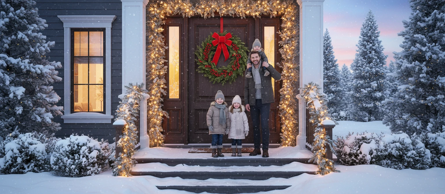 Front door with wreath and garland, family posing in front, snow on ground