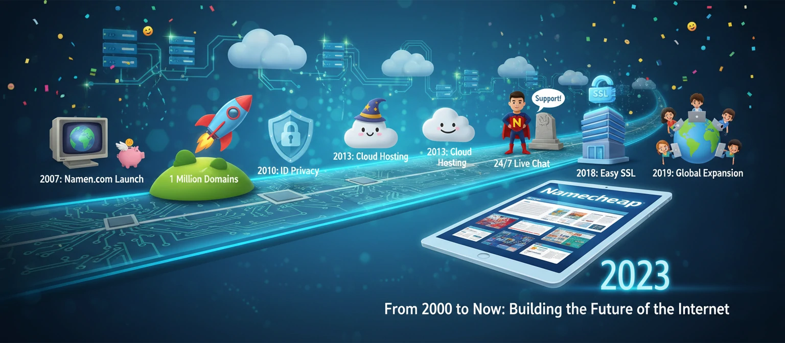 Fun timeline of Namecheap's journey from 2000 to now, with key milestones
