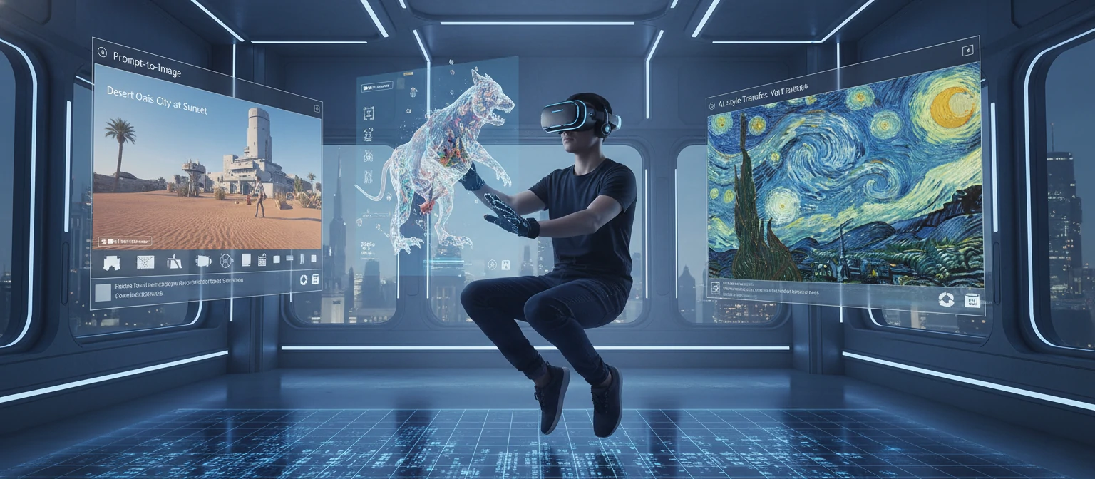 Futuristic Photoshop interface with AI elements