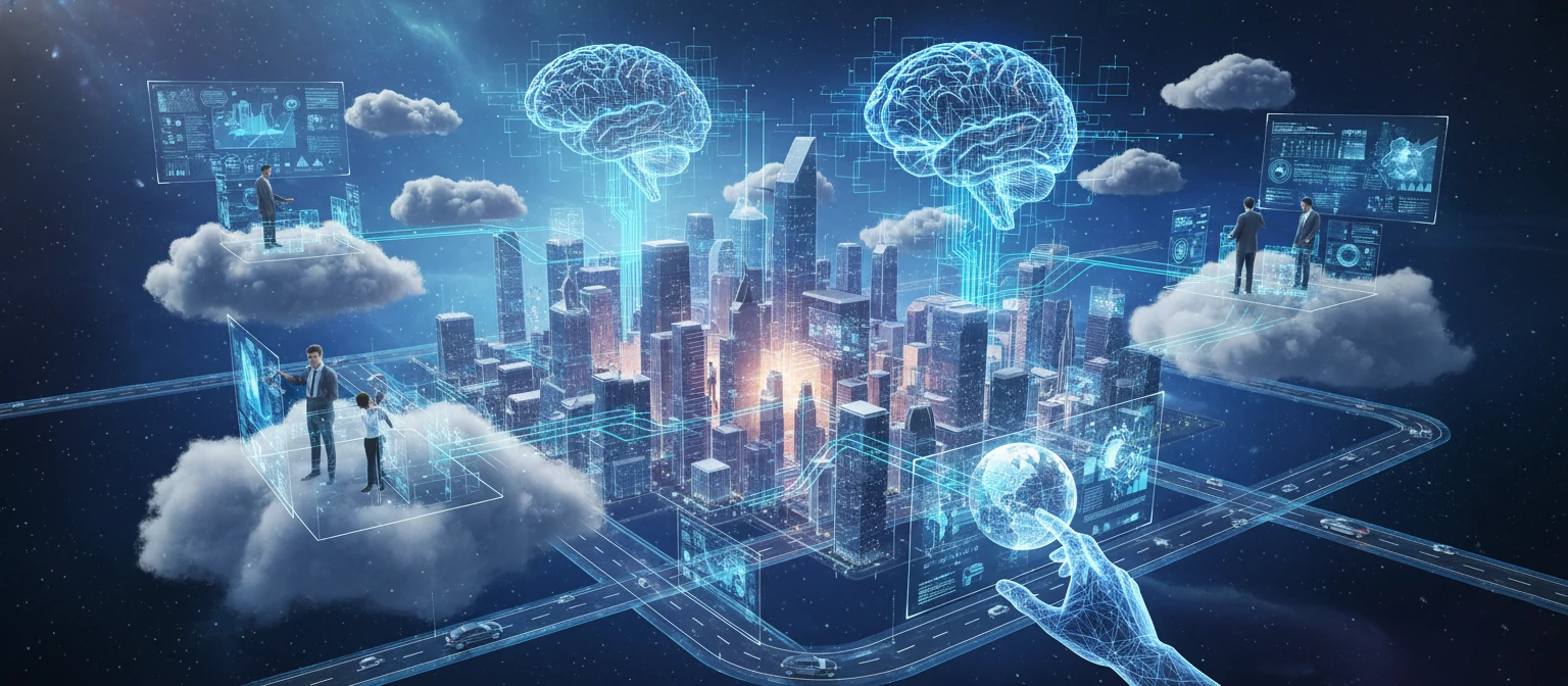 Futuristic illustration of AI and cloud technology in business processes