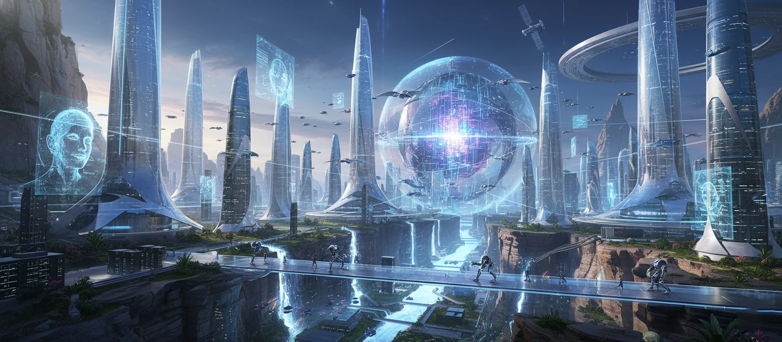 Futuristic tech landscape with AI elements