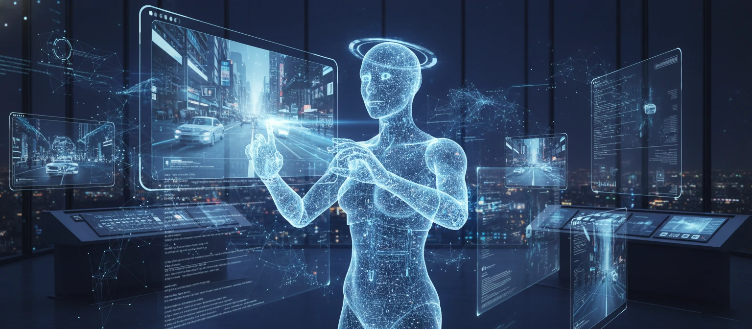 Futuristic visualization of advanced AI manipulating video with see-through effects