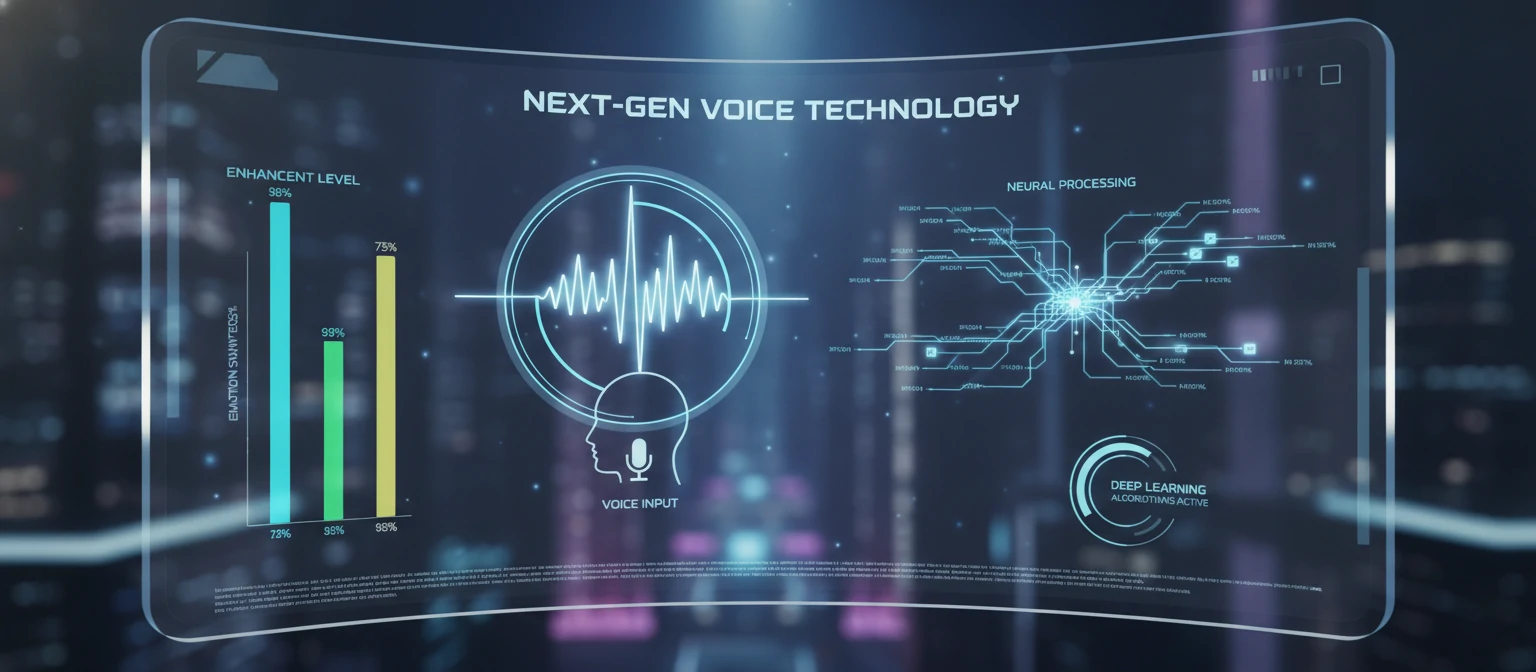 Futuristic visualization showing AI interface with voice analysis, real-time enhancement meters, and neural network processing indicators