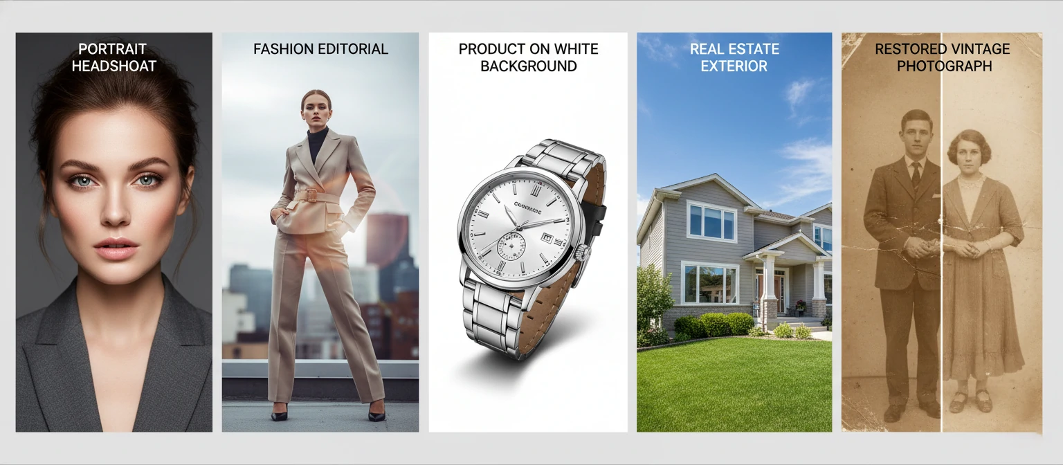 Grid of 5 images showing examples of each retouching type