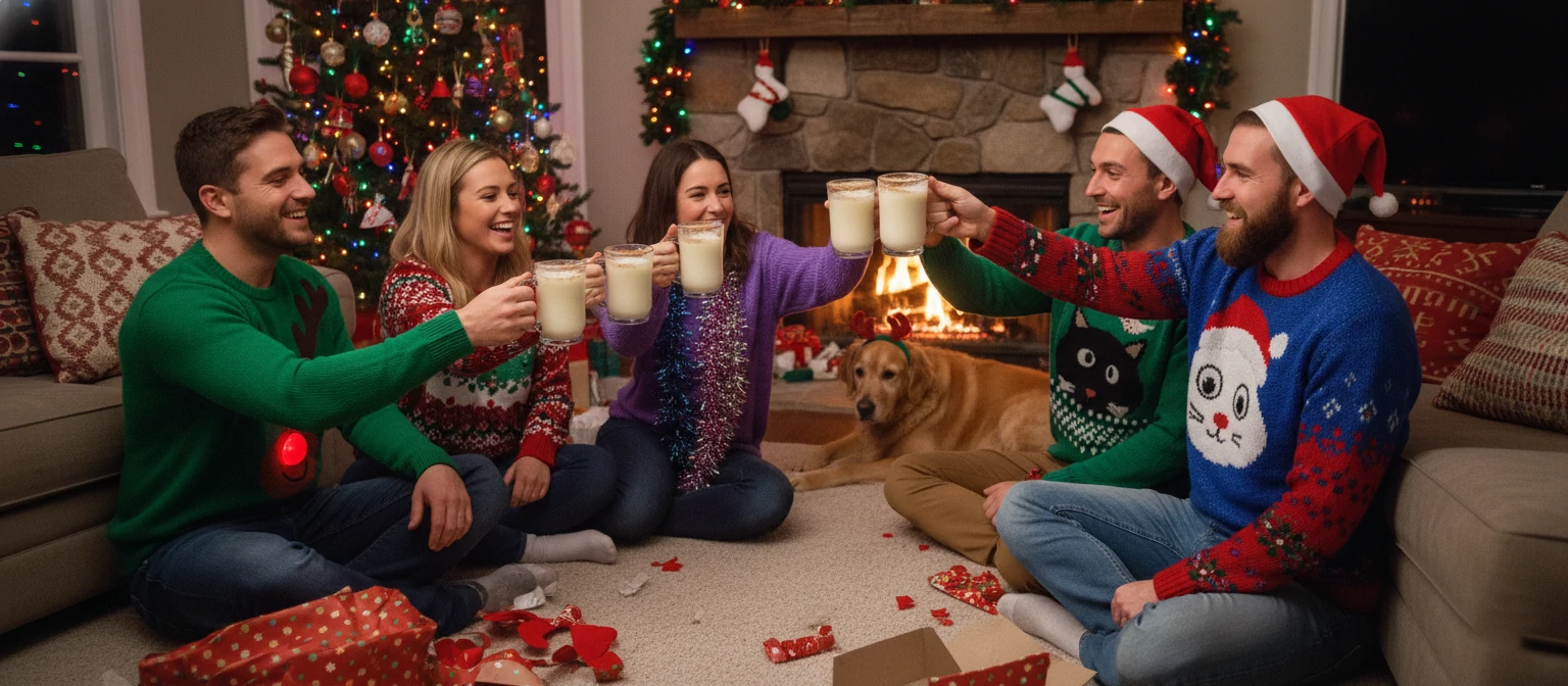 Group of friends in mismatched ugly sweaters, toasting with eggnog glasses