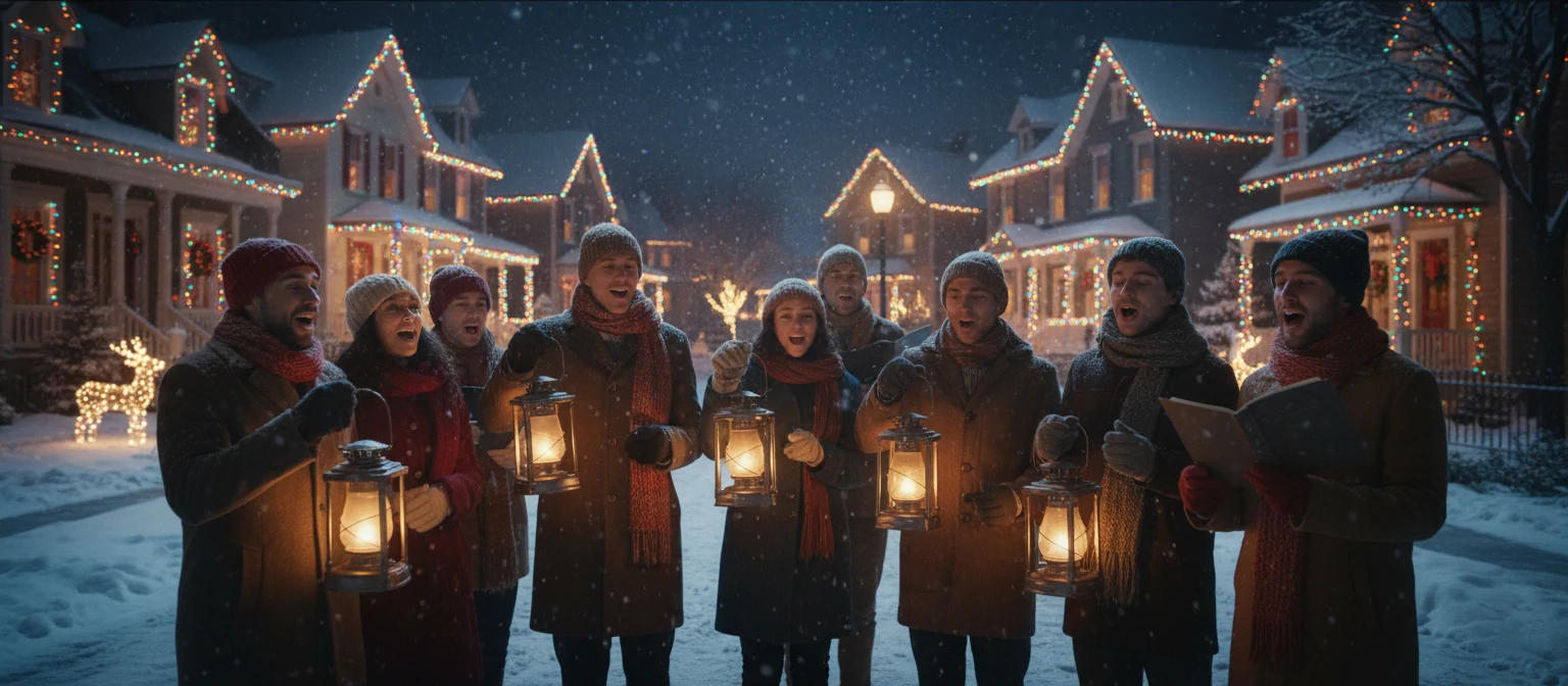 Group singing carols, breath visible in cold air, holding lanterns