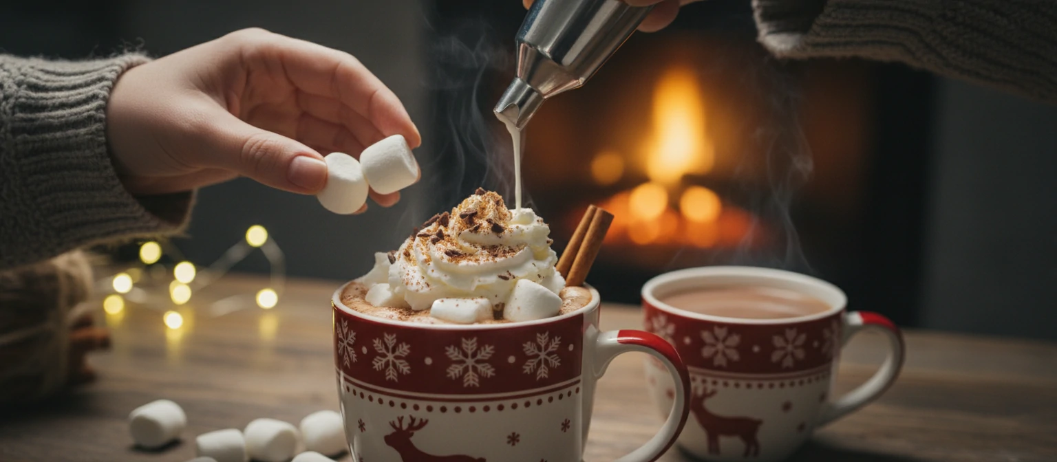 Hands adding marshmallows and whipped cream to hot cocoa, with cinnamon sticks