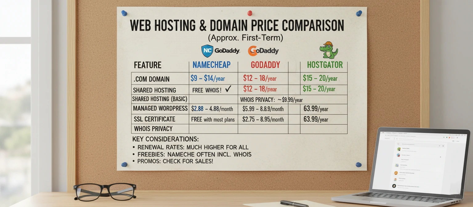 Handy comparison table pitting Namecheap's prices against GoDaddy and HostGator