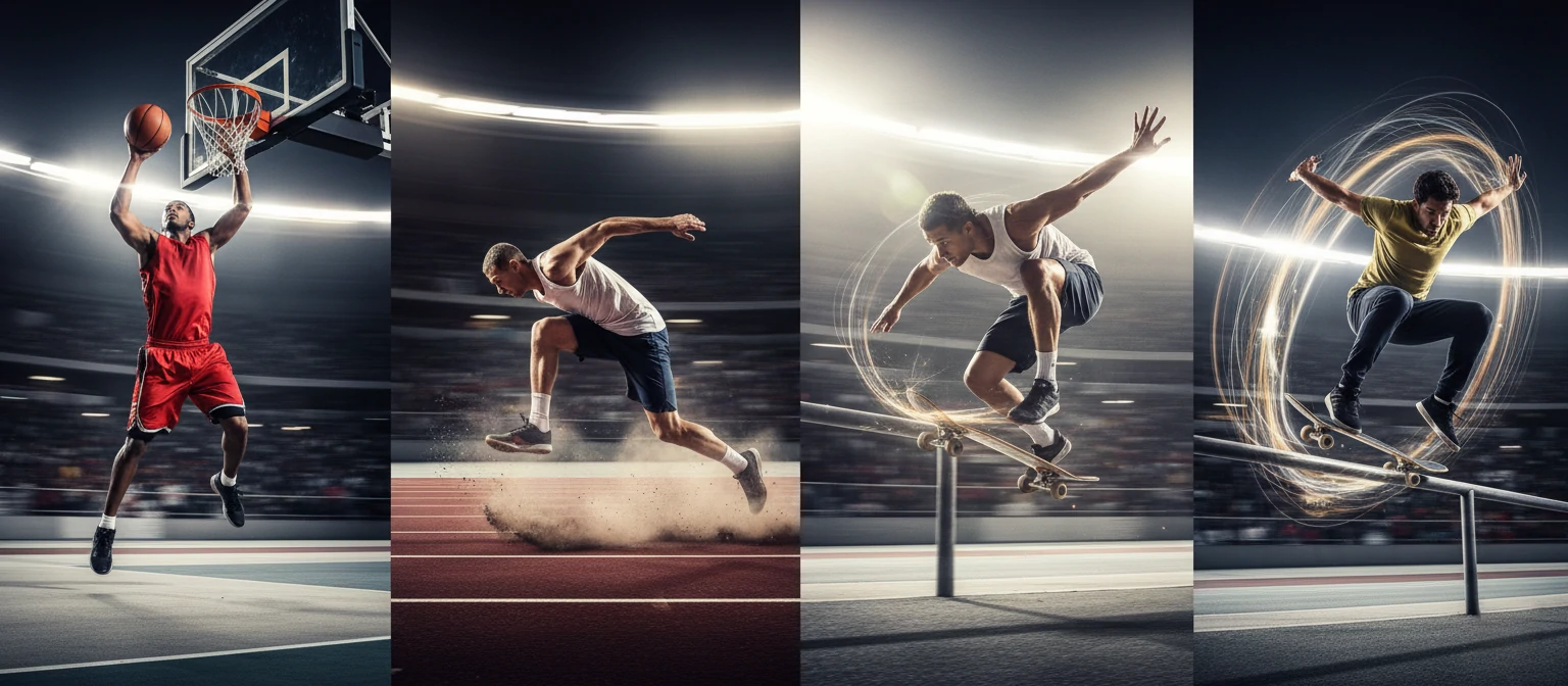 High-energy shots of athletes in mid-action with motion blur