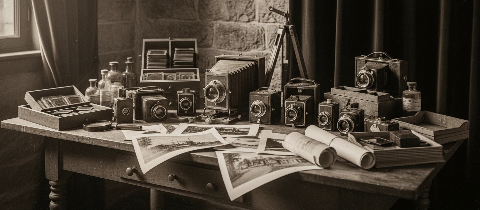 Historical photo of old cameras and prints