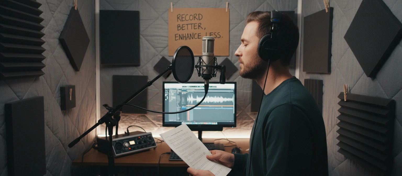Home recording setup showing proper microphone placement, acoustic treatment