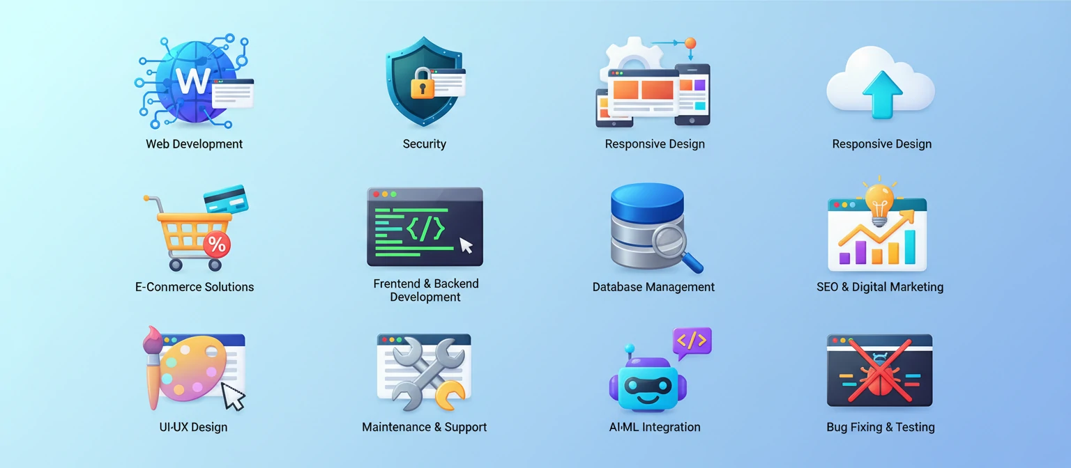 Icons representing different web development services