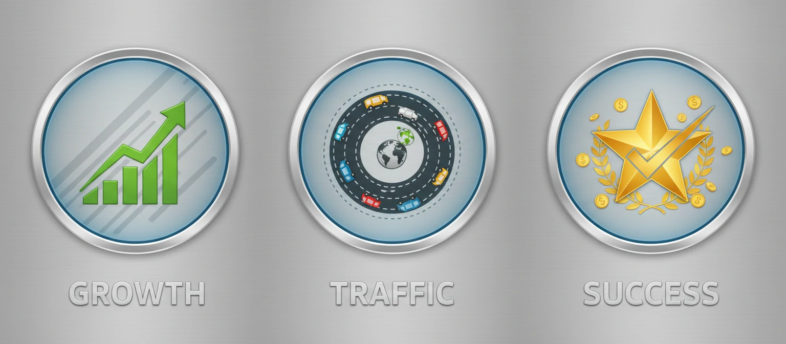 Icons showing growth, traffic, and success