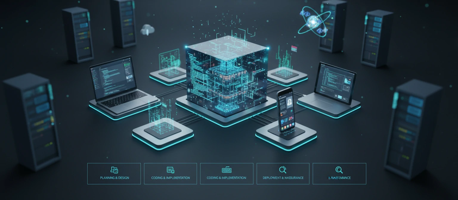 Illustration of application development process with code and devices