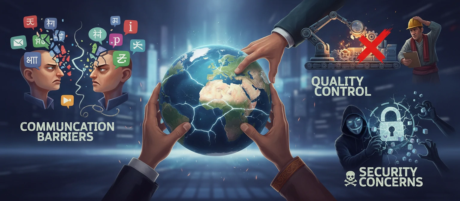 Illustration of common outsourcing challenges like communication barriers