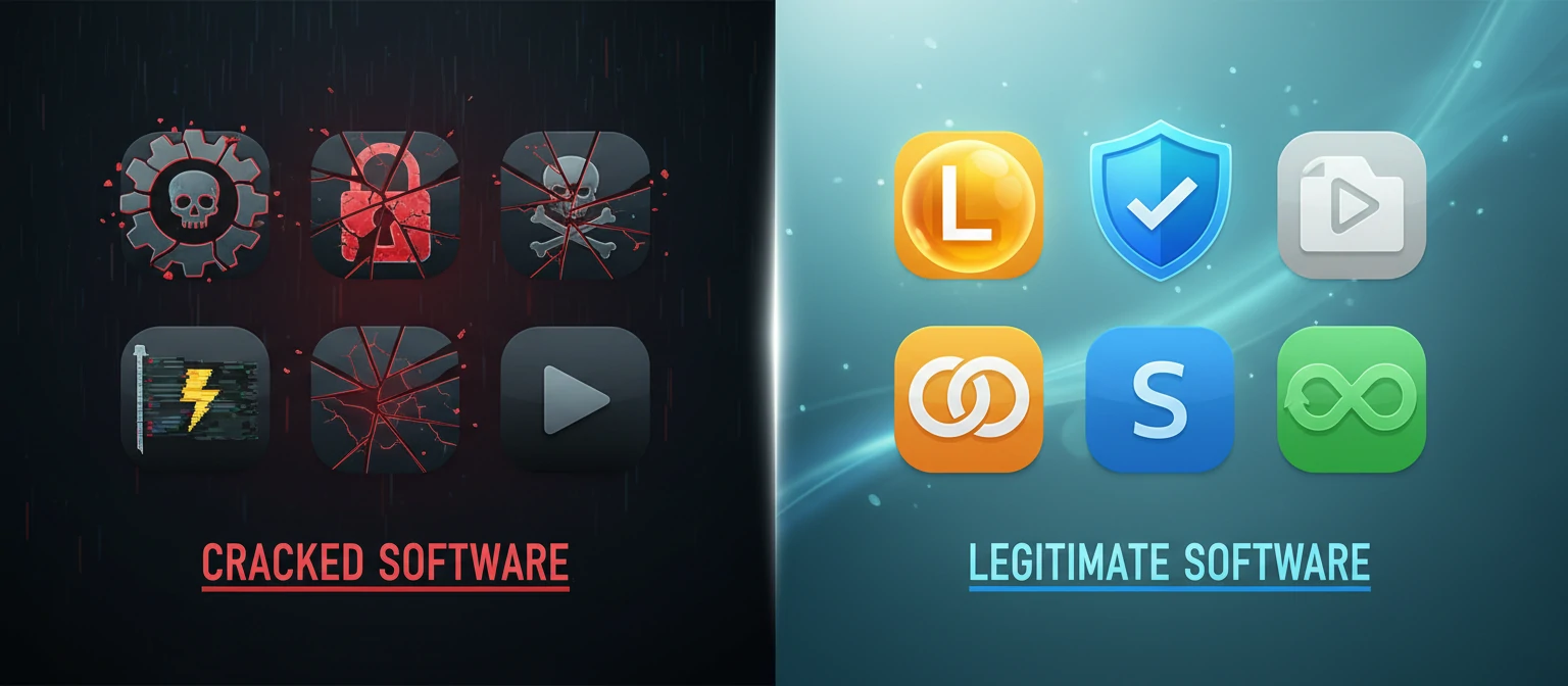 Illustration of cracked software vs. legitimate software icons