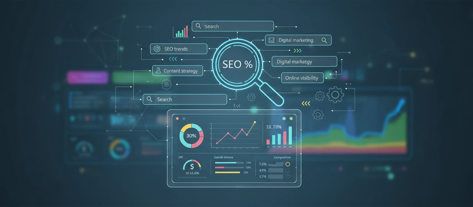 Illustration of keyword research tools with search icons and data charts