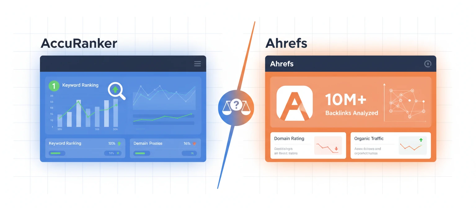 Illustration of two SEO tools side by side, representing AccuRanker and Ahrefs comparison