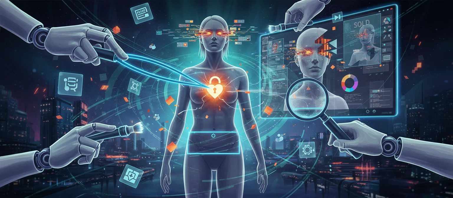 Illustration showing a person's privacy being invaded by digital manipulation tools